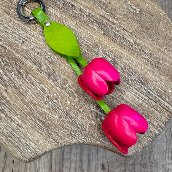 Leather Bright Pink Tulip Purse Charm Genuine Leather Tulip Spring Bag Charm - Picture 5 of 6